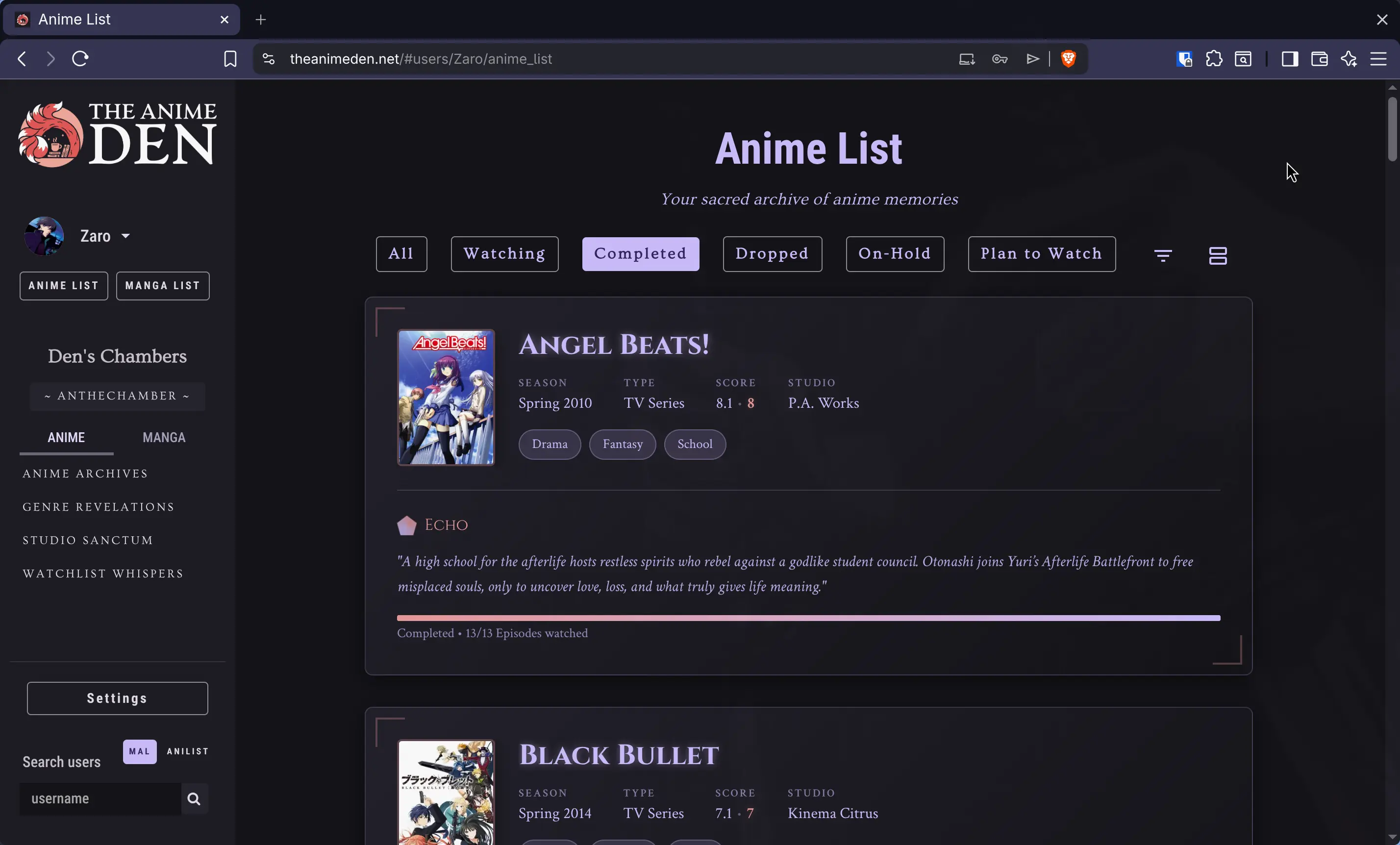 Anime List Interface